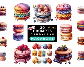 Midjourney prompts for SWEET MACARONS clipart Prompts bundle candyland treats White background Ai Prompts for sweets clipart & POD products