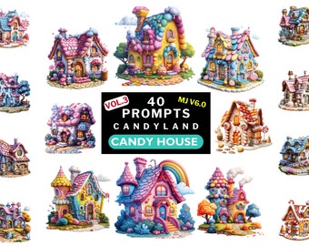 Midjourney prompts for CANDY HOUSE Prompts bundle vibrant candyland treats White background Ai Prompts for sweets clipart & POD products