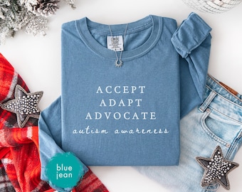 Accept adapt advocate, Long sleeve shirt, Comfort colors, April autism awareness month tshirt, Autism mom tee, Counselor tees