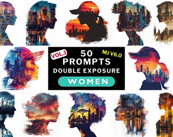 Midjourney prompts for double exposure Women silhouette portrait and the city Female head graphic Print on demand product prompts POD design