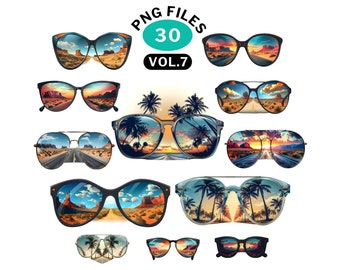 PNG bundle Cool sunglasses clipart, Double exposure of Sunset and the landscape, Clipart graphics, PNG files transparent background 300DPI