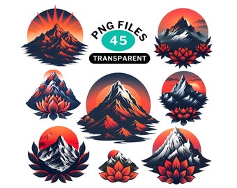 Berge und Blume im Mandala-Stil, Clipart-PNG-Bundle, Logo-Design für Unternehmen, T-Shirt-Design-Png-Bundle, transparenter Hintergrund 300DPI