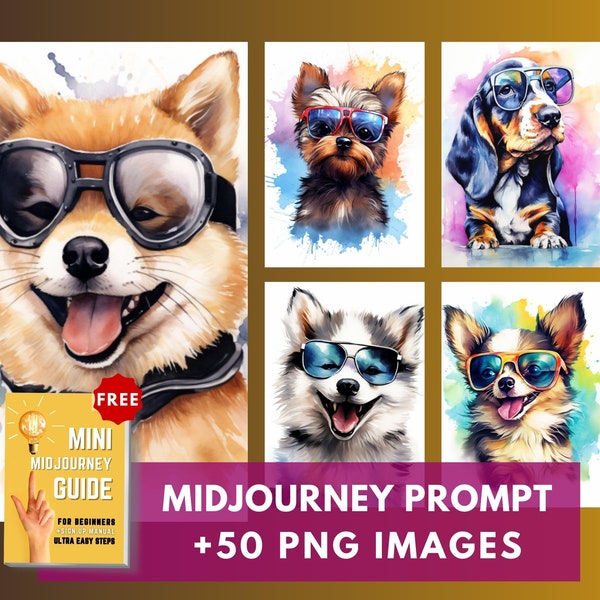 Midjourney prompt watercolor dog portrait Digital download Happy puppy wearing sunglasses PLUS 50 dogs png images Different breed dogs photo