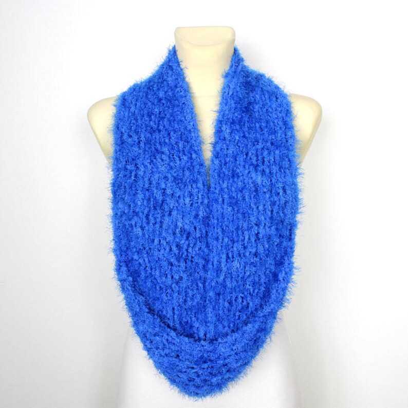 Chunky knit infinity scarf women Blue winter scarf Fluffy loop Etsy