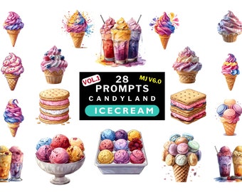 Midjourney prompts for ICECREAM treats Prompts bundle watercolor style White background Candyland AI Prompts for clipart & POD products