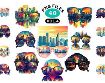 PNG bundle cool sunglasses clipart, Double exposure night lights city landscape, Clipart graphics, PNG files transparent background 300DPI