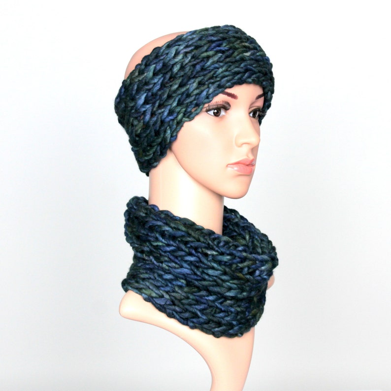 It/'ll be discontinued Hand knit headband and cowl scarf set made of merino wool Knitted winter set for women Dark Cobalt Blue LAST ONE 24