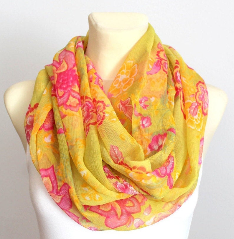 Mustard yellow silk infinity scarf women Print scarf Silk Etsy