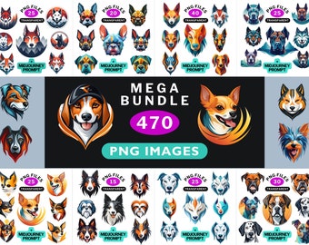 Mega bundle of funny dogs clipart including PNG files bundle and Midjourney prompt, Quirky animals, Clip art image files, Transparent 300DPI