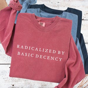 May include: A stack of long-sleeved crew neck shirts in shades of red, blue, and navy. The front shirt is a dusty rose color with the words "RADICALIZED BY BASIC DECENCY" printed in white. The shirts are on a white wood surface.