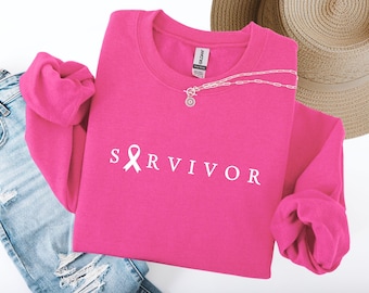 Pink cancer survivor sweatshirt with ribbon for Cancer awareness month - Gildan 18000 Crewneck, Minimalist text