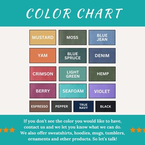 Puede incluir: Una tabla de colores con fondo turquesa y texto blanco que dice "COLOR CHART". La tabla muestra muestras de color etiquetadas como "Mustard", "Moss", "Blue Jean", "Yam", "Blue Spruce", "Denim", "Crimson", "Light Green", "Hemp", "Berry", "Seafoam", "Violet", "Espresso", "Pepper", "True Navy" y "Black".