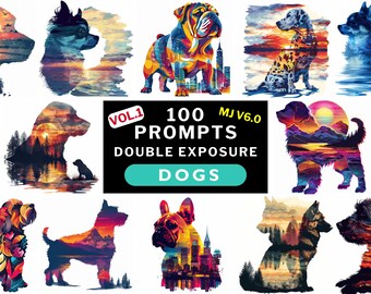 Midjourney prompts for double exposure silhouette portrait Print on demand products prompts Dog breeds with nature mountains city landscape