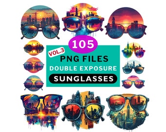 PNG bundle cool sunglasses clipart, Double exposure city landscape, 105 PNG files transparent background 300DPI and Midjourney prompts POD