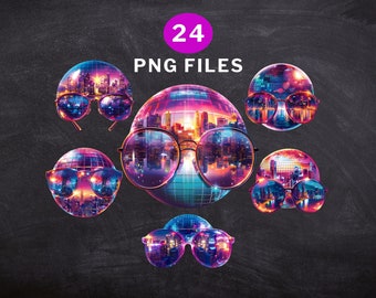 PNG bundle sunglasses clipart, Disco ball double exposure city landscape, 24 PNG files transparent background 300DPI and Midjourney prompt