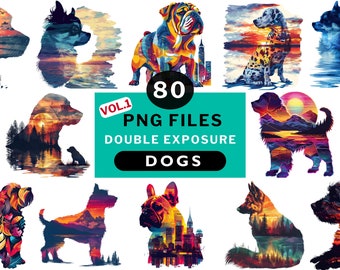 PNG bundle Dog breeds double exposure 80 png files, Dogs clipart PNG transparent background 300DPI, Images for digital download Nature City