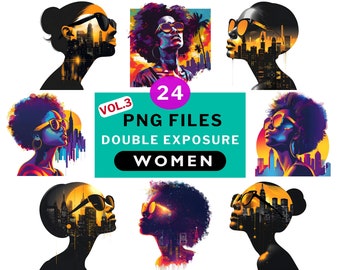 PNG bundle Black women and sunglasses Double exposure 24 png files, Female clipart PNG transparent background 300DPI, Midjourney prompts