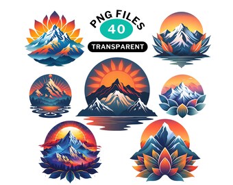 Bergen en Mandala stijl bloem, Clipart PNG bundel, Logo ontwerp voor bedrijven, Tshirt ontwerp png bundel, Transparante achtergrond 300DPI