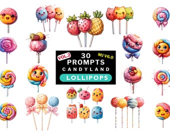 Midjourney prompts for LOLLIPOPS Prompts bundle watercolor style White background Candyland AI Prompts for clipart & POD products