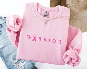 Pink cancer warrior sweatshirt with bow for Cancer awareness month - Gildan 18000 Crewneck, Minimalist text