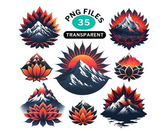 Berge und Mandala-Stil Blume, Clipart PNG Bundle, Tshirt-Design PNG Bundle, Logo-Design für Unternehmen, transparenter Hintergrund 300DPI