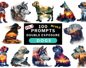 Midjourney prompts for double exposure silhouette portrait Print on demand products prompts Dog breeds with nature mountains city landscape