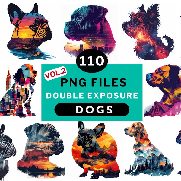 PNG bundle Dog breeds double exposure, Dogs Clip art and image files graphics Transparent background 300DPI, Digital download Nature City