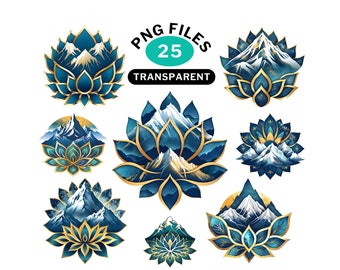 Berge und Mandala-Stil Blume, Clipart PNG Bundle, Tshirt-Design PNG Bundle, Logo-Design für Unternehmen, transparenter Hintergrund 300DPI