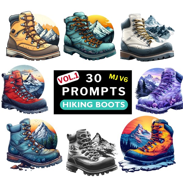 Midjourney clipart prompts bundle, Hiking boots graphic designs for t-shirts, Midjourney emblem prompt, Midjourney Ready to use prompts