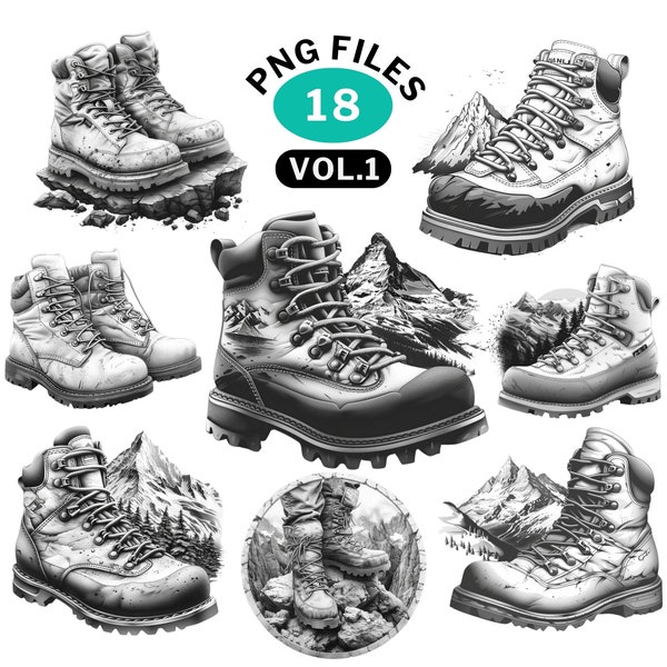 PNG bundle HIKING BOOTS clipart, Walking shoe graphics, Mountain climbing shoe clip art, Outdoor logo design, Transparent background 300DPI