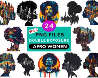 PNG bundle Afro women Double exposure 24 png files, Female clipart PNG transparent background 300DPI, Midjourney prompts Black women City