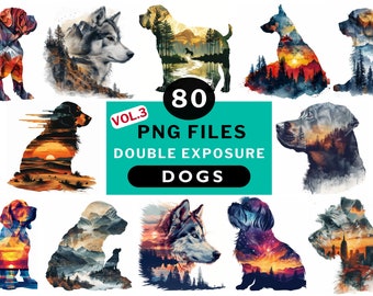 PNG bundle Dog breeds double exposure 80 png files, Dogs clipart PNG transparent background 300DPI, Images for digital download Nature City
