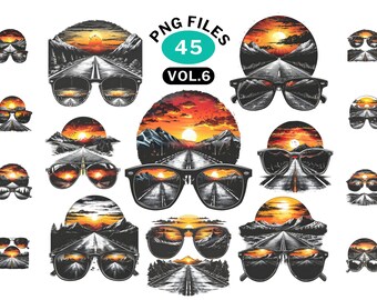 PNG bundle sunglasses clipart, Double exposure Sunset ROAD and horizon landscape, Clipart graphics, PNG files transparent background 300DPI