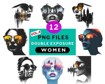 PNG bundle women and sunglasses Double exposure City landscape, Female clipart PNG transparent background 300DPI, Midjourney prompts women