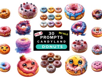 Midjourney prompts for DONUTS clipart Prompts bundle vibrant candyland treats White background Ai Prompts for sweets clipart & POD products