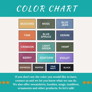 以下が含まれることがあります： 「COLOR CHART」と書かれたターコイズ色のヘッダーが付いたカラーチャート。チャートには、「Mustard」、「Moss」、「Blue Jean」、「Yam」、「Blue Spruce」、「Denim」、「Crimson」、「Light Green」、「Hemp」、「Berry」、「Seafoam」、「Violet」、「Espresso」、「Pepper」、「True Navy」、「Black」とラベル付けされたカラーサンプルが表示されています。