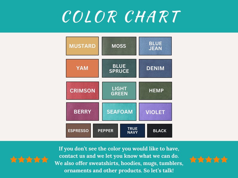 以下が含まれることがあります： 「COLOR CHART」と書かれたターコイズ色のヘッダーが付いたカラーチャート。チャートには、「Mustard」、「Moss」、「Blue Jean」、「Yam」、「Blue Spruce」、「Denim」、「Crimson」、「Light Green」、「Hemp」、「Berry」、「Seafoam」、「Violet」、「Espresso」、「Pepper」、「True Navy」、「Black」とラベル付けされたカラーサンプルが表示されています。