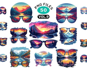 PNG bundle cool sunglasses clipart, Double exposure of a Lake and Mountains, Clipart graphics, PNG files transparent background 300DPI