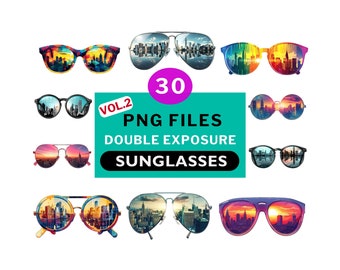 PNG bundle cool sunglasses clipart, Double exposure city landscape, 30 PNG files transparent background 300DPI and Midjourney prompts POD