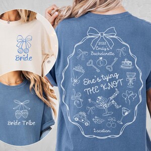 She is tying the knot Custom bachelorette shirts Comfort colors Coastal cowgirl shirt Cute bride shirt Bridesmaid shirts Bach party shirts