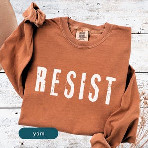 May include: A long-sleeved, rust-colored sweatshirt with the word "RESIST" printed in large, white, distressed letters. The shirt has a crew neck and a tag that reads "Comfort Colors".
