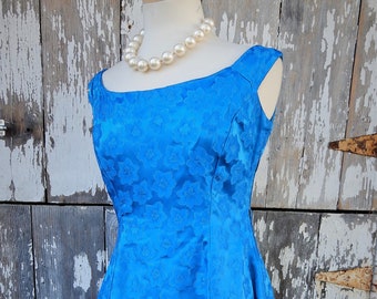 Vtg Blue Dress, 1950's Homemade Brocade Dress, Sleeveless Party Dress & Jacket Set sz 6/8