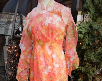 Vintage 1960s Orange Floral Nylon Grecian Dress with Scarf, Size S