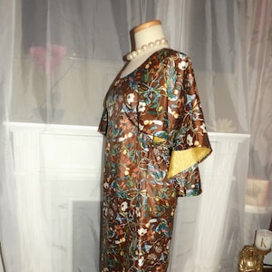 Vtg 1960&#39;s/70&#39;s Ladies Brown Floral Cape Dress|Vtg Retro Backless Cape Dress|Vtg Floor Length Home Made Brown Dress sz S/M