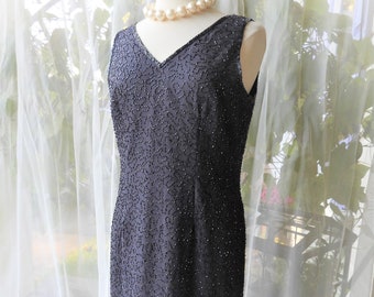 Vtg Grey Beaded Cocktail Sheath Dress|Vtg Grey Sleeveless Deep V Party Dress|Vtg JMD Grey Beaded Back V Formal Dress sz PL