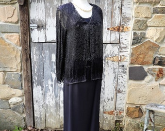 Vtg Formal Dress, Navy Blue Silk Dress, Heavily Beaded Dress, 3pc Adrianna Papell , Mother of the Bride Dress 8/10