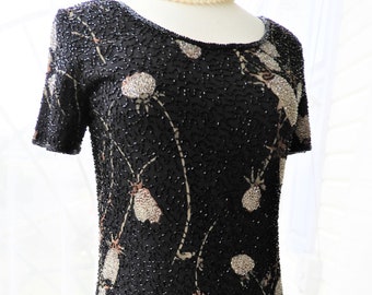 Vtg 1990's New Old Stock Black Beaded Formal Dress, Vtg Beaded J Kara Sheath Gown, Vtg Black Floral Mother of Bride Dress sz S