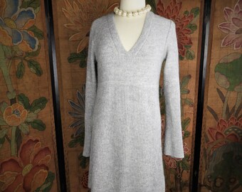 Vtg BOHO Grey Alpaca Deep V Neck Sweater Dressn Ribbed North Face Sz L