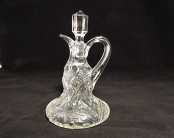 Vtg Glass Cruet, Pressed Clear Glass Cruet, Patterned Vinegar/Oil Single Cruet H 6&quot;