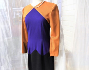 Vtg 1980's Mod Gold Purple Black Pencil Dress|Vtg Ladies Geometric Knit Form Fitting Dress|Vtg Equinox Shoulder Pad Dress sz S